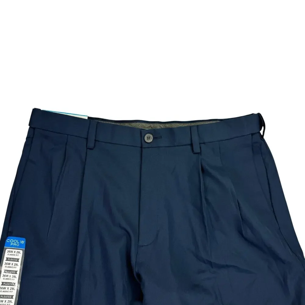 Haggar Mens Cool 18 Pro Classic Fit Pleated Stretch Dress Pants Navy Blue 36x29